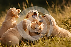 A group of golden retriever puppies playfully tumbling over one another in a grassy field, joyful expressions , ai generative photo