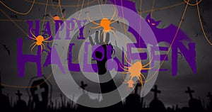 Imagen of happy halloween, spiders and cemetery on purple background photo