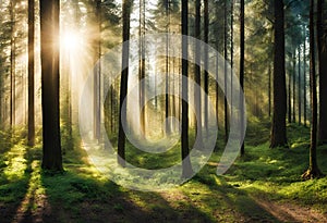 Forest panorama with rays of sunlight, forest image, v21