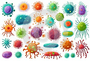 Set of different microorganisms isolated on white background