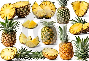 Pineapple collection. Whole and sliced ??pineapple isolated on white background, v4