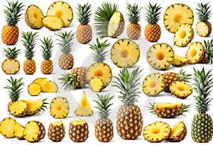 Pineapple collection. Whole and sliced ??pineapple isolated on white background, v3