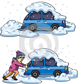 Images of a car in the snow, car breakdown in winter, snow drift