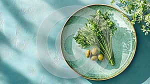 images of chives, parsley, and olives on a plate, inspired by a Y2K aesthetic with light cyan and gold accents, and a clean, photo