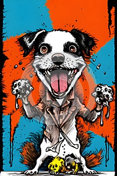 images of the crazy character of dog and cat in the style of Ralph Steadman.