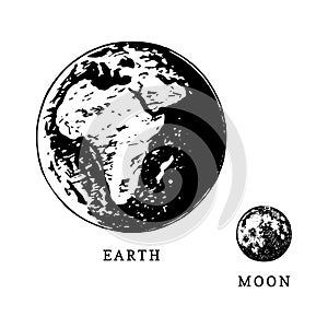 Images of Earth planet and Moon satellite in size comparison on white background. Hand drawn vector illustration