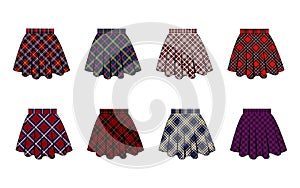 Images of flared skirts created from different university tartans