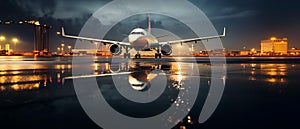 Images generated from AI, A picture of an airplane parked at the airport, the plane's reflection in the water after rain.