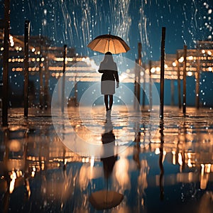 Images generated from AI, A woman stands with an umbrella in the pouring rain.