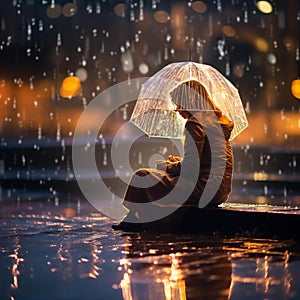 Images generated from AI, A woman stands with an umbrella in the pouring rain.