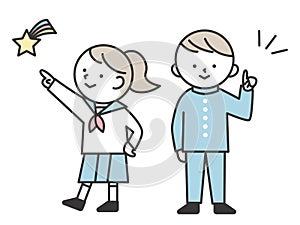 Images of happy student life. Male and female junior and senior high school students wearing uniforms and pointing