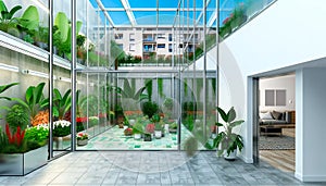 images of a large format glass greenhouse integrated into the apartment\'s spacious living room
