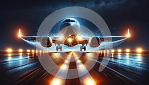 Images of a passenger plane during a night takeoff.