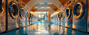 Images of selfservice laundry facilities featuring industrial washing machines and dryers. Concept Laundromat interior, Industrial photo