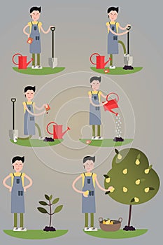 Images set of the cartoon character. Environmental activities. Planting tree process from seed to fruits. Isolated.