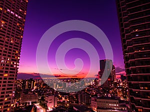 Images of sky, clouds, city and buildings, night view