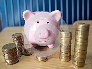 Images of stacking coins pile with pink piggy bank, for planning to grow and save money, Saving money for future and retirement