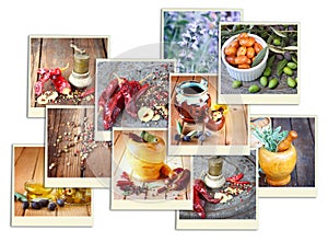 Images with a variety of different spices and spice grinder. collage