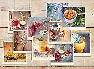 Images with a variety of different spices and spice grinder. collage on wooden background