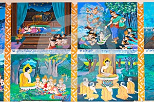 The images on the wall describe live of Buddha