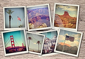 Images from western USA - collage on wood background made like instant photos from old camera