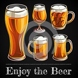 Illustration of beer glass. Mugs and glasses for toast with light beer on black background.