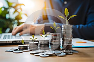 ImageStock Financial growth visualized stack of coins atop office desk