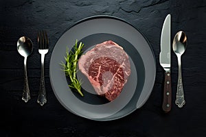 ImageStock Wagyu beef steak served with fork, spoon, and knife in foodgraphy