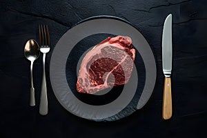 ImageStock Wagyu beef steak served with fork, spoon, and knife in foodgraphy