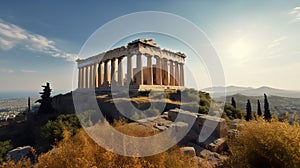 Imaginary Acropolis hill in Athens, Greece, with magestic Parthenon temple, AI generative photo