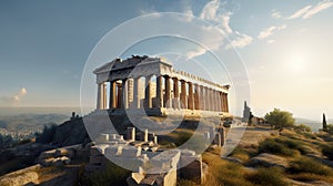 Imaginary Acropolis hill in Athens, Greece, with magestic Parthenon temple, AI generative photo