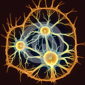 Imaginary astrocyte, glial cell or large neuron in cell culture. Close-up on symmetrical flat cultured cell. AI generative