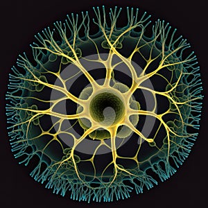 Imaginary astrocyte, glial cell or large neuron in cell culture. Close-up on symmetrical flat cultured cell. AI generative