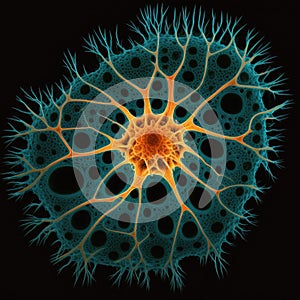 Imaginary astrocyte, glial cell or large neuron in cell culture. Close-up on symmetrical flat cultured cell. AI generative