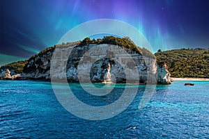 Imaginary blue northern lights over mountain of Corfu island