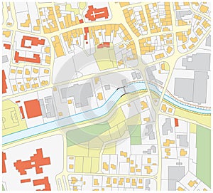 Imaginary cadastral map of an area with buildings and streets