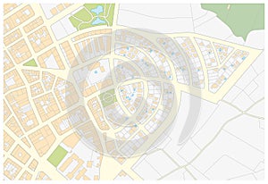 Imaginary cadastral map of an area with buildings and streets photo