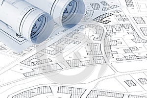 Imaginary cadastral map with buildings, land parcel and vacant plot - land records and property registry concept