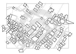 Imaginary cadastral map of territory with 3D buildings, fields, roads and land parcel of a residential district