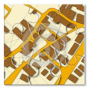 Imaginary cadastral map of territory with buildings and roads - concept image in jigsaw puzzle shape