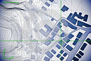 Imaginary cadastral map of territory with buildings and roads drawn with a CAD Computer-Aided-Design computer software in dwg