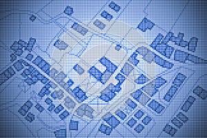 Imaginary cadastral map of territory with buildings, roads and land parcel - concept image with digital pixelation effect