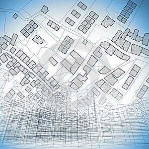 Imaginary cadastral map of territory with buildings, roads and u