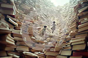 Imaginary children playful running in the towering books