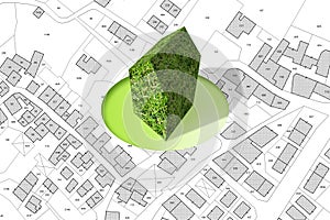 Imaginary city map with a green building - The architecture of the future - concept image