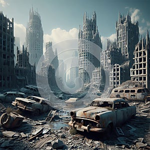 An imaginary destroyed city, crumbling buildings, abandoned cars. Armageddon concept