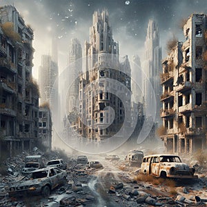 An imaginary destroyed city, crumbling buildings, abandoned cars. Armageddon concept