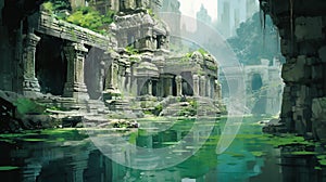 Imaginary Fantasy World: A Greenish Water Artwork Of Romantic Ruins