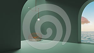 Imaginary fictional architecture, interior design of empty space with arched window, copper armchair, lamp, concrete turquoise