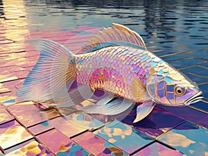 An imaginary fish with mirror-like scales floats above the surface of the water with pastel-colored rocks.generative AI
